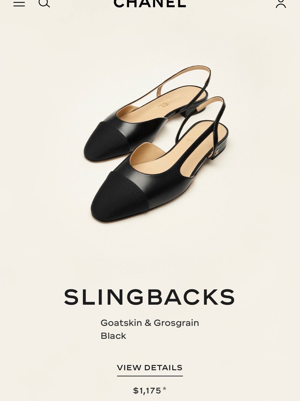 CHANEL Black Goatskin & Grosgrain Slingback Flats
